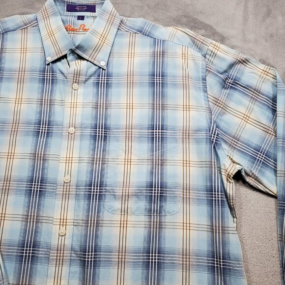 Alan Flusser Button Down Long Sleeve Plaid Shirt Blue Brown White Mn Sz L - Picture 4 of 10